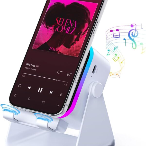 Wireless Bluetooth Induction Speaker, Phone Speaker Amplifier with Colorful Lights & 3500mAh Battery, Portable Phone Stand Compatible with iPhone/iPad/Android/Samsung - White