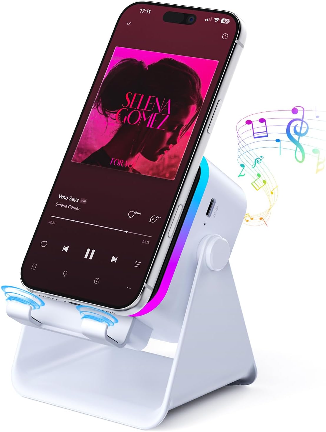 Wireless Bluetooth Induction Speaker, Phone Speaker Amplifier with Colorful Lights & 3500mAh Battery, Portable Phone Stand Compatible with iPhone/iPad/Android/Samsung - White Wireless Bluetooth Induction Speaker, Phone Speaker Amplifier with Colorful Lights & 3500mAh Battery, Portable Phone Stand Compatible with iPhone/iPad/Android/Samsung - White
