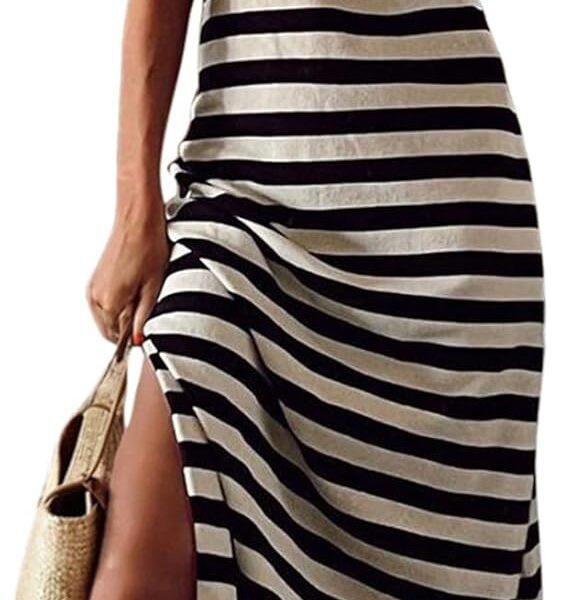 Dokotoo Womens Summer Casual Trendy 2026 Short Sleeve Maxi Dress Striped Split Vacation Color Block T Shirt Dress