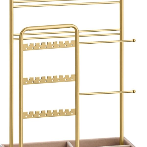 SONGMICS Necklace Holder, Jewelry Stand Holder Organizer, Jewelry Display with Metal Frame, Velvet Tray, Earring Bracelet Holder, for Gift Idea, 4.5 x 7.7 x 12.1 inch, Pale Gold UJJS021A01