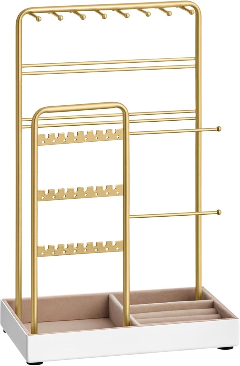 SONGMICS Necklace Holder, Jewelry Stand Holder Organizer, Jewelry Display with Metal Frame, Velvet Tray, Earring Bracelet Holder, for Gift Idea, 4.5 x 7.7 x 12.1 inch, Pale Gold UJJS021A01
