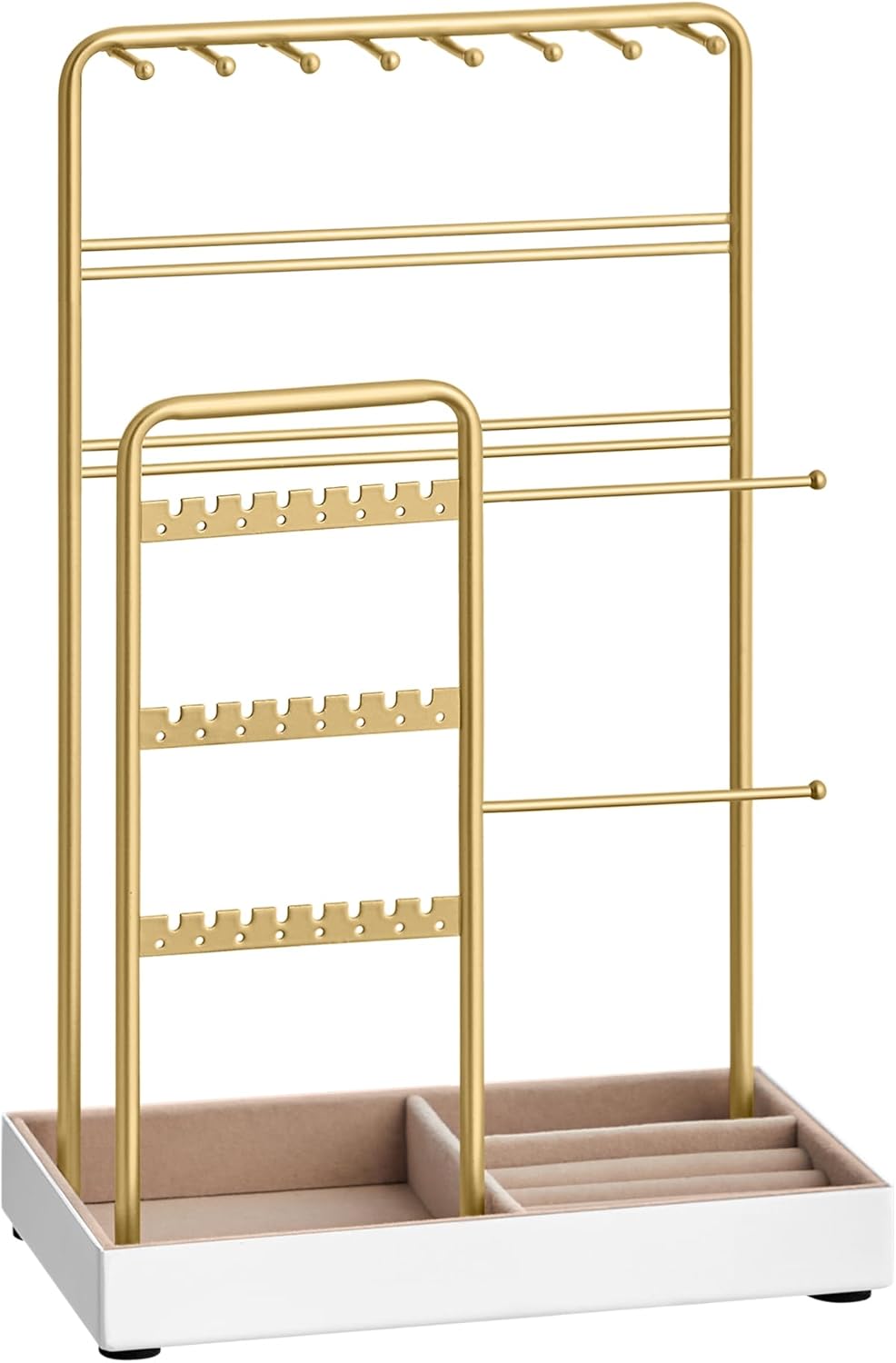SONGMICS Necklace Holder, Jewelry Stand Holder Organizer, Jewelry Display with Metal Frame, Velvet Tray, Earring Bracelet Holder, for Gift Idea, 4.5 x 7.7 x 12.1 inch, Pale Gold UJJS021A01 SONGMICS Necklace Holder, Jewelry Stand Holder Organizer, Jewelry Display with Metal Frame, Velvet Tray, Earring Bracelet Holder, for Gift Idea, 4.5 x 7.7 x 12.1 inch, Pale Gold UJJS021A01