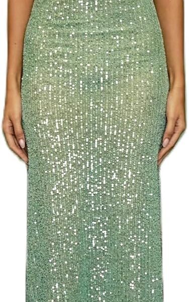 Sequin Beaded Strapless Maxi Dress for Women Y2K Sparkle Rhinestone High Split Tube Dress Beach Club Party