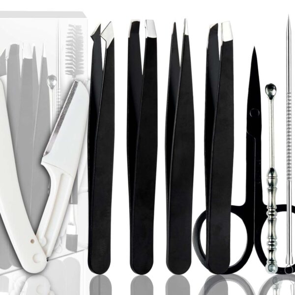 Tweezers Kit Tweezer for Women Facial Hair Removal Tweezers Professional Tweezers Set Eyebrow Tweezer, [9+1 PCS] Professional Stainless Steel Eyebrow for Women &Men,Black Beauty Sets
