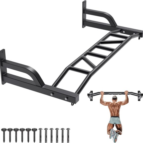 SELEWARE 48'' Heavy Duty Pull Up Bar Wall Mount Multi-function Chin up Bar with Home Gym Cable Pulley System LAT Pulldown Workout Attachments Heavy Bag Hanger