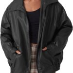 Womens Oversized Faux Leather Motocycle Jacket Zip Up Outwear Coat with Pockets