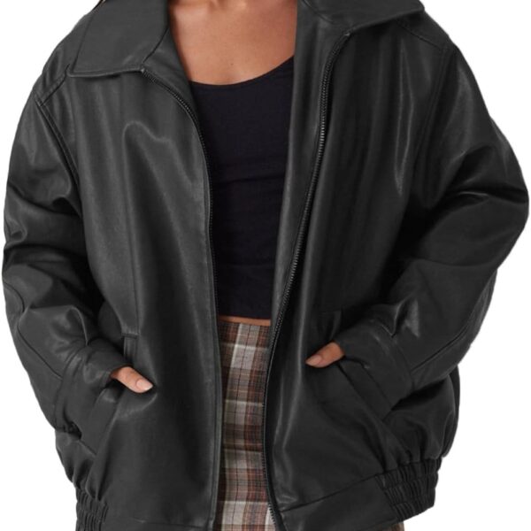 Womens Oversized Faux Leather Motocycle Jacket Zip Up Outwear Coat with Pockets