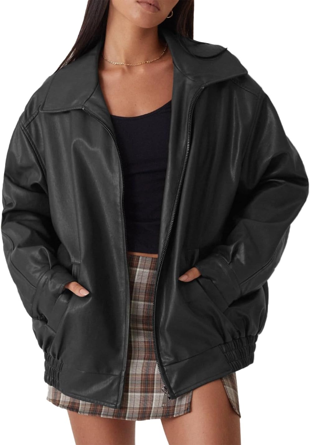 Womens Oversized Faux Leather Motocycle Jacket Zip Up Outwear Coat with Pockets Womens Oversized Faux Leather Motocycle Jacket Zip Up Outwear Coat with Pockets