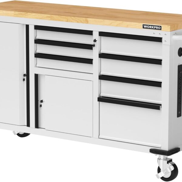 WORKPRO 62" x 20" 7-Drawer & 2-Door Rolling Tool Chest, Mobile Tool Storage Cabinet with Power Strip, Locking System, Heavy Duty Rolling