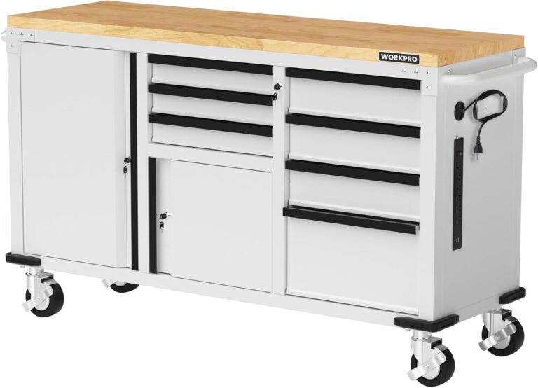 WORKPRO 62" x 20" 7-Drawer & 2-Door Rolling Tool Chest, Mobile Tool Storage Cabinet with Power Strip, Locking System, Heavy Duty Rolling