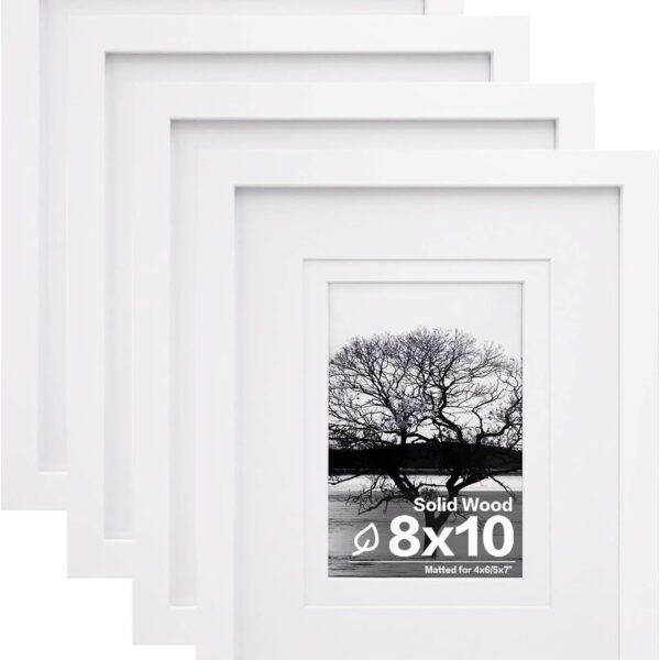 Egofine 8x10 Picture Frames Set of 4, Made of Solid Wood Covered by Plexiglass 4x6 and 5x7 with Mat or 8x10 without Mat, for Table Top Display and Wall Mounting Photo Frame White