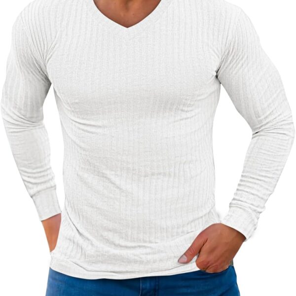 Yousify Mens V Neck Shirts Long Sleeve Casual Ribbed Slim Fit Shirt Muscle Athletic Gym Lightweight Tops