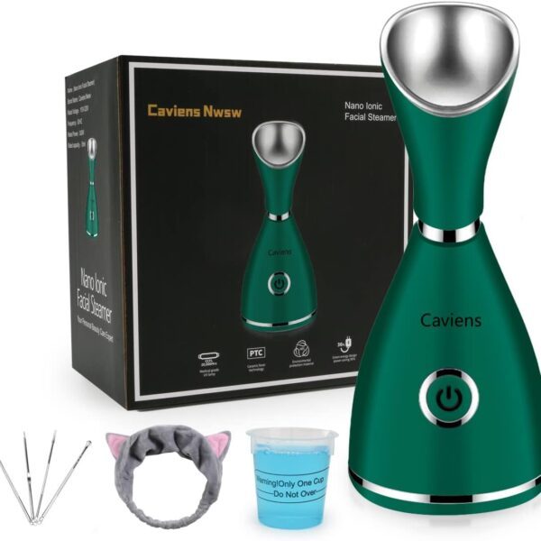 Facial Steamer-Nano Ionic Facial Steamer Warm Mist Humidifier Atomizer Sprayer Moisturizing Face Steamer Home Sauna SPA Face with 4 Piece Stainless Steel Skin Kit and Hair Band(Green)