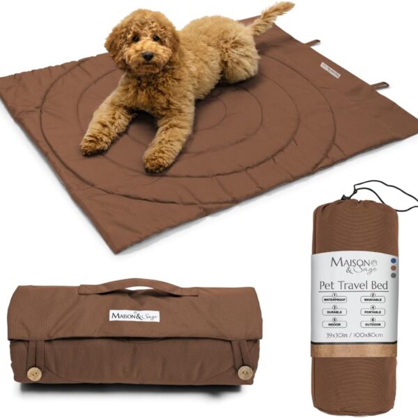 Dog Travel Mat - Portable Waterproof Foldable Dog Bed for Home, Car, Crate & Outdoor - Washable Roll Up Pet Mat for Medium & Large Dogs (39"x30") - Includes Carry Bag