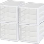 Sterilite 4-Pack 3 Drawer Unit, Stackable Plastic Organizer with Drawers, White Frame - Multi-Purpose Countertop Storage Containers for Office Supplies, Craft Rooms, Classrooms and Home Organization