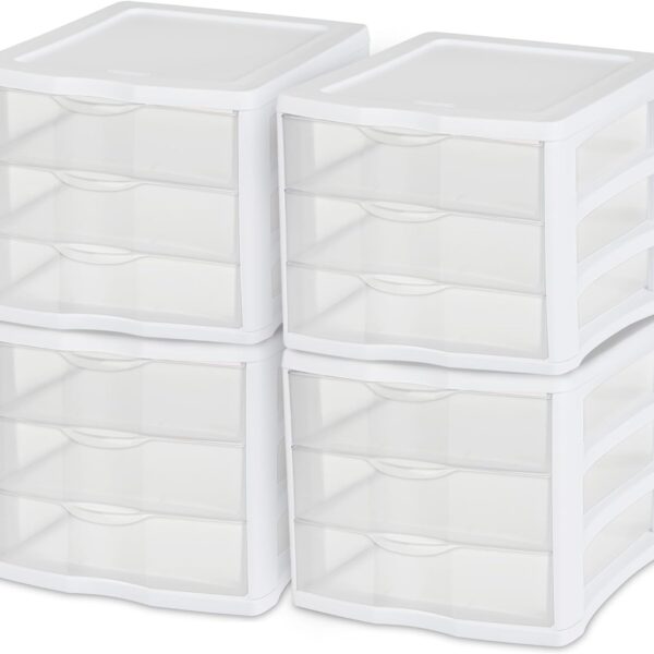 Sterilite 4-Pack 3 Drawer Unit, Stackable Plastic Organizer with Drawers, White Frame - Multi-Purpose Countertop Storage Containers for Office Supplies, Craft Rooms, Classrooms and Home Organization