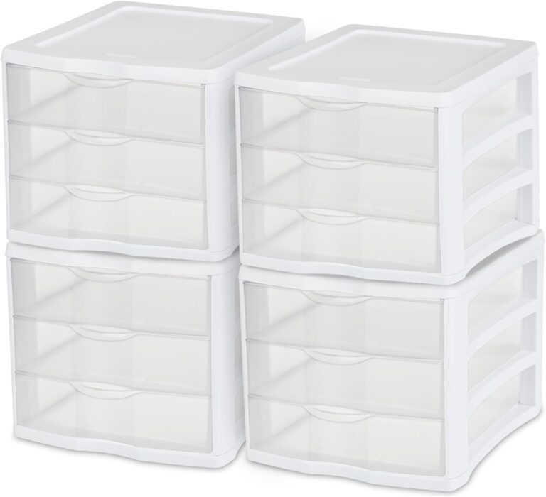 Sterilite 4-Pack 3 Drawer Unit, Stackable Plastic Organizer with Drawers, White Frame - Multi-Purpose Countertop Storage Containers for Office Supplies, Craft Rooms, Classrooms and Home Organization