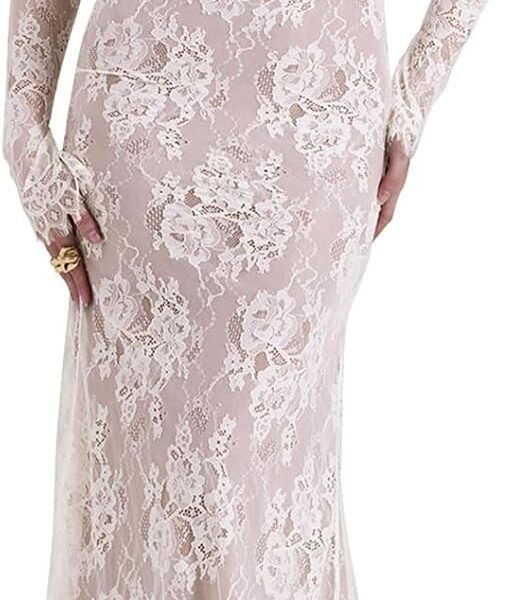 Women Cami Lace Maxi Dress Romantic Long Sleeve Lace Bodycon Dresses Elegant