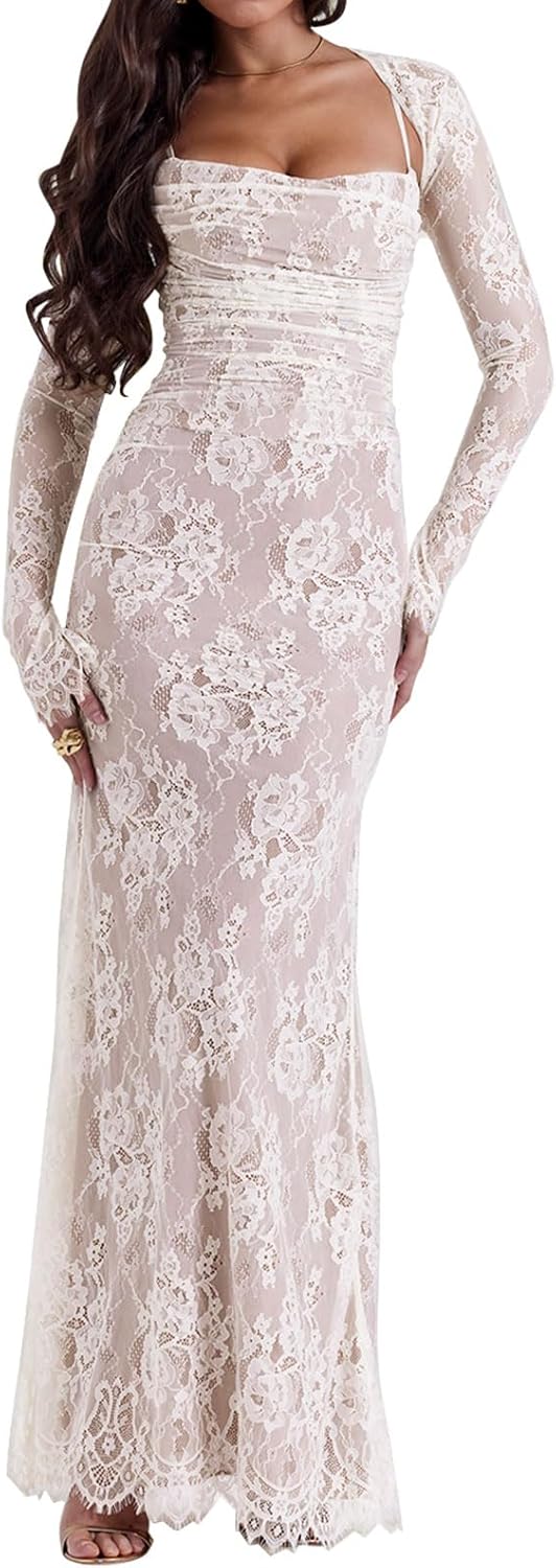 Women Cami Lace Maxi Dress Romantic Long Sleeve Lace Bodycon Dresses Elegant Women Cami Lace Maxi Dress Romantic Long Sleeve Lace Bodycon Dresses Elegant