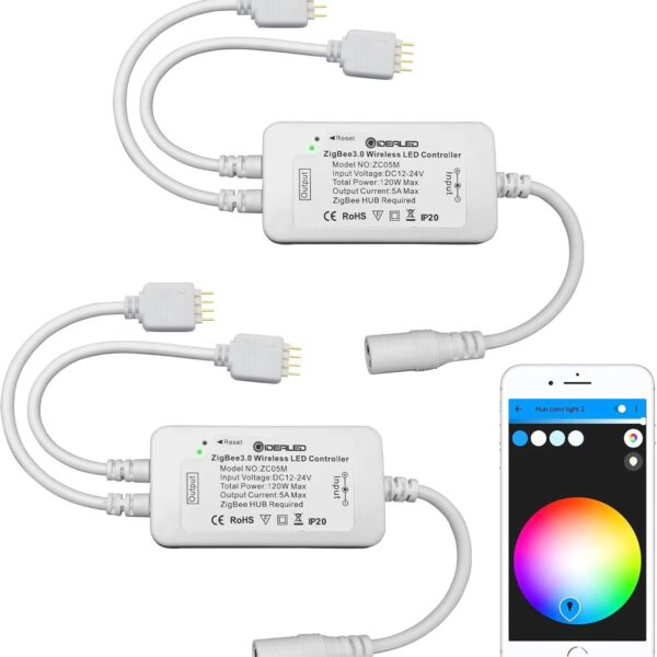 GIDEALED 2 Pack Smart ZigBee 3.0 LED Controller 2-Output for 4 Pin RGB StripLights Dimmable Compatible with Hub Bridge,Amazon Echo Plus,Echo Show(2Gen) App/Alexa Voice Control Ambiance Lighting