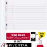 Five Star Loose Leaf Paper + Study App, 3 Pack, Notebook Paper, Wide Ruled Filler Paper, Reinforced, Fights Ink Bleed, 8" x 10 1/2", 80 Sheets per Pack (150024)