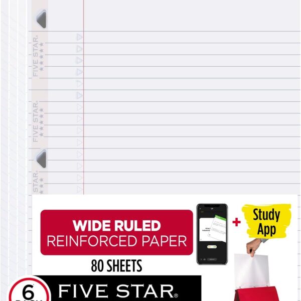 Five Star Loose Leaf Paper + Study App, 3 Pack, Notebook Paper, Wide Ruled Filler Paper, Reinforced, Fights Ink Bleed, 8" x 10 1/2", 80 Sheets per Pack (150024)