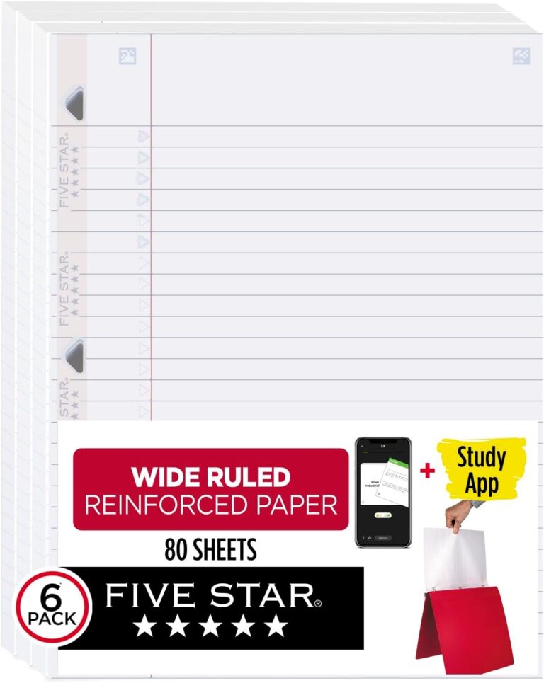 Five Star Loose Leaf Paper + Study App, 3 Pack, Notebook Paper, Wide Ruled Filler Paper, Reinforced, Fights Ink Bleed, 8" x 10 1/2", 80 Sheets per Pack (150024)