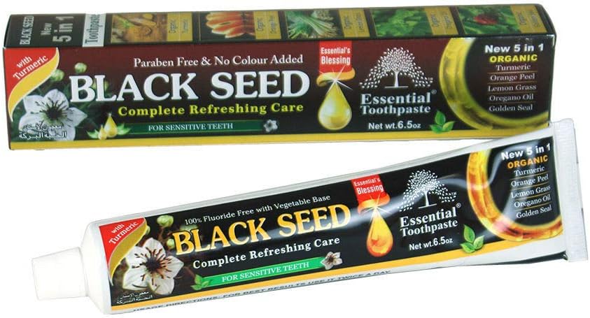 Organic Black Seed Essential Toothpaste 5 in 1 100% Fluoride Free & Vegetable Base for Sensitive Teeth. Organic Black Seed Essential Toothpaste 5 in 1 100% Fluoride Free & Vegetable Base for Sensitive Teeth.