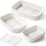 LE TAUCI Deep Casserole Dishes for Oven, 13.7x9.6 Ceramic Baking Dish Set with Roasting Racks, Large Lasagna Pans with Handles, Rectangular Bakeware as Gift for Mom, White (4.6QT/3.0QT/1.6QT), Set of 3