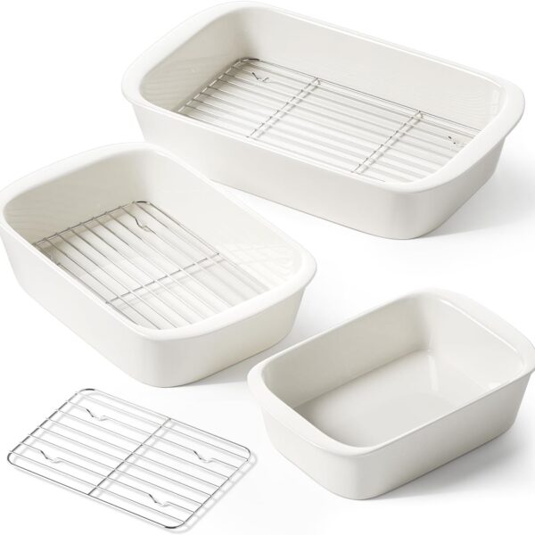 LE TAUCI Deep Casserole Dishes for Oven, 13.7x9.6 Ceramic Baking Dish Set with Roasting Racks, Large Lasagna Pans with Handles, Rectangular Bakeware as Gift for Mom, White (4.6QT/3.0QT/1.6QT), Set of 3
