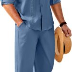 COOFANDY Mens Linen Sets 2 Piece Long Sleeve Button Down Cuban Shirt and Pants Set Summer Beach Set Outfits
