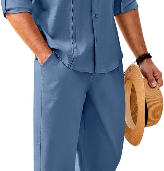 COOFANDY Mens Linen Sets 2 Piece Long Sleeve Button Down Cuban Shirt and Pants Set Summer Beach Set Outfits