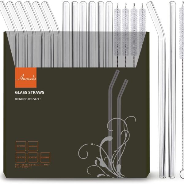 ANNVCHI 16 Pack Reusable Glass Straws,Set of 6 Straight and 6 Bent with 4 Cleaning Brush,Perfect for Smoothies,Tea, Juice, Milkshakes(8.5''x10 MM)
