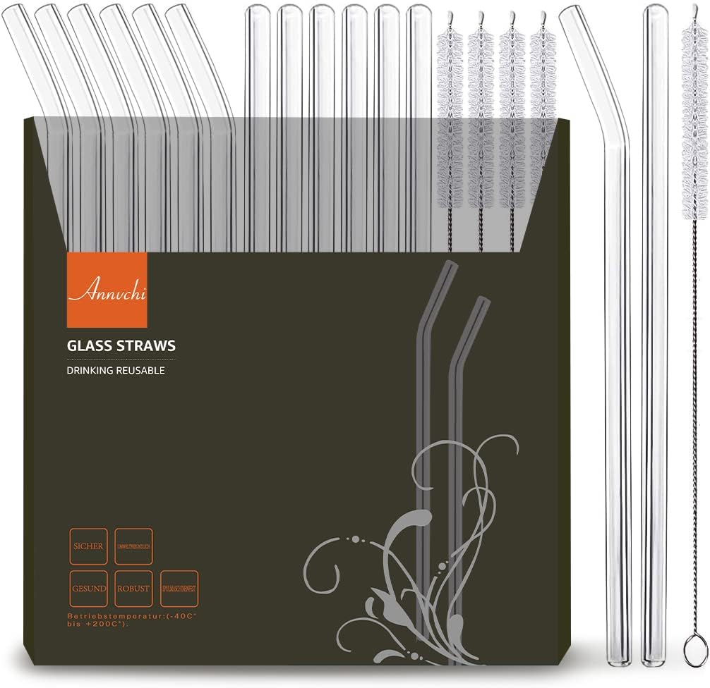 ANNVCHI 16 Pack Reusable Glass Straws,Set of 6 Straight and 6 Bent with 4 Cleaning Brush,Perfect for Smoothies,Tea, Juice, Milkshakes(8.5''x10 MM) ANNVCHI 16 Pack Reusable Glass Straws,Set of 6 Straight and 6 Bent with 4 Cleaning Brush,Perfect for Smoothies,Tea, Juice, Milkshakes(8.5''x10 MM)