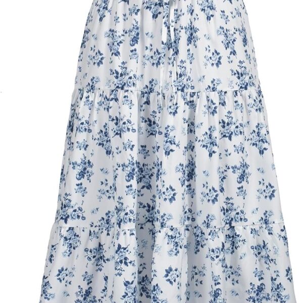 MSLG Women's High Elastic Waist Midi Skirt Casual Summer Trendy Tie Front Flowy Ruffle Floral Print A line Skirts 626