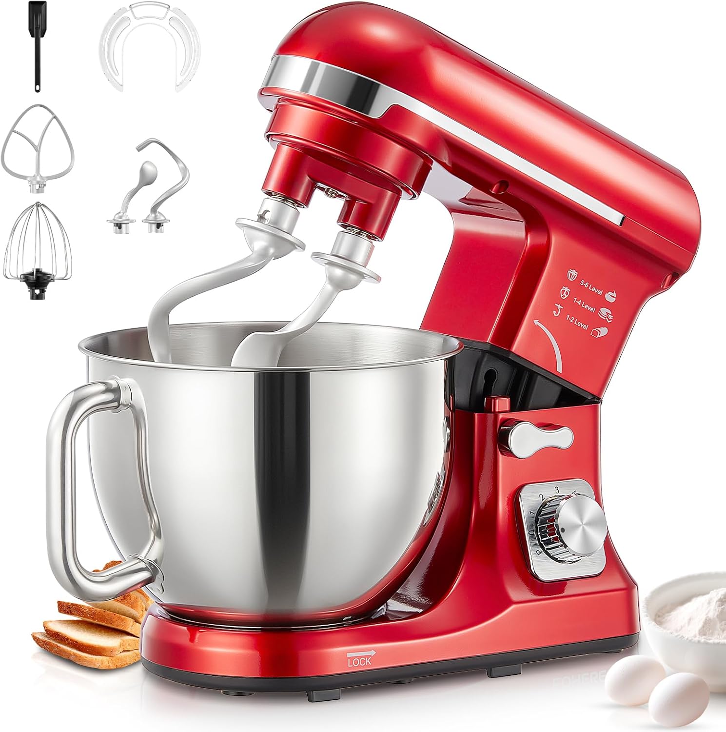 Stand Mixer Fohere, With Double Dough Hook, Wire Whip & Beater Mixers Kitchen Electric Stand Mixer, 5.5QT, 6+P Speed Tilt-head Standing Mixer, Kitchen Mixer with Bowl & Splash Guard, Red Stand Mixer Fohere, With Double Dough Hook, Wire Whip & Beater Mixers Kitchen Electric Stand Mixer, 5.5QT, 6+P Speed Tilt-head Standing Mixer, Kitchen Mixer with Bowl & Splash Guard, Red