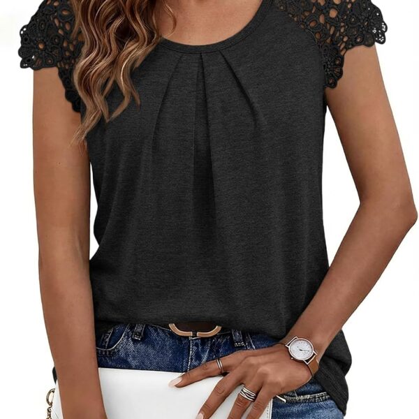 AUTOMET Womens Lace Tops Pleated Short Sleeve Shirts Summer Business Casual Dressy Blouses