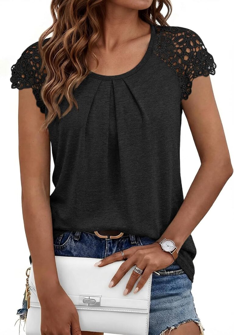 AUTOMET Womens Lace Tops Pleated Short Sleeve Shirts Summer Business Casual Dressy Blouses
