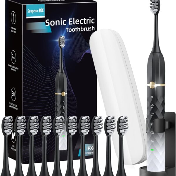 Sonic Electric Toothbrush Set, Equipped with 10 Brush Heads and Travel Case, IPX8 Waterproof, 2-Minute Timer, 42000 High-Frequency Vibrations, 5 Modes, The First Choice for Gift Giving, Black White