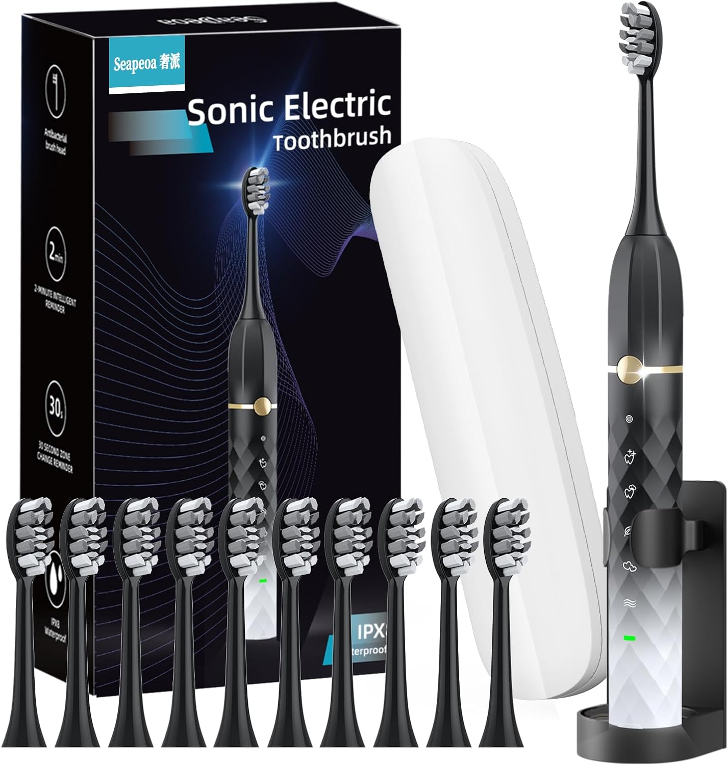 Sonic Electric Toothbrush Set, Equipped with 10 Brush Heads and Travel Case, IPX8 Waterproof, 2-Minute Timer, 42000 High-Frequency Vibrations, 5 Modes, The First Choice for Gift Giving, Black White Sonic Electric Toothbrush Set, Equipped with 10 Brush Heads and Travel Case, IPX8 Waterproof, 2-Minute Timer, 42000 High-Frequency Vibrations, 5 Modes, The First Choice for Gift Giving, Black White