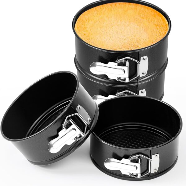 Funnymoom 4 Pcs 6 Inch Non Stick Springform Pan with Removable Bottom Carbon Steel Round Springform Cheesecake Pan with Stainless Steel Spring Buckles for Baking Kitchens Restaurant(Black)