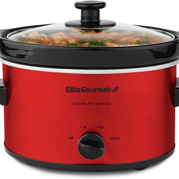 Elite Gourmet MST-275XR# Electric Oval Slow Cooker, Adjustable Temp, Entrees, Sauces, Stews & Dips, Dishwasher Safe Glass Lid & Crock (2 Quart, Metallic Red)