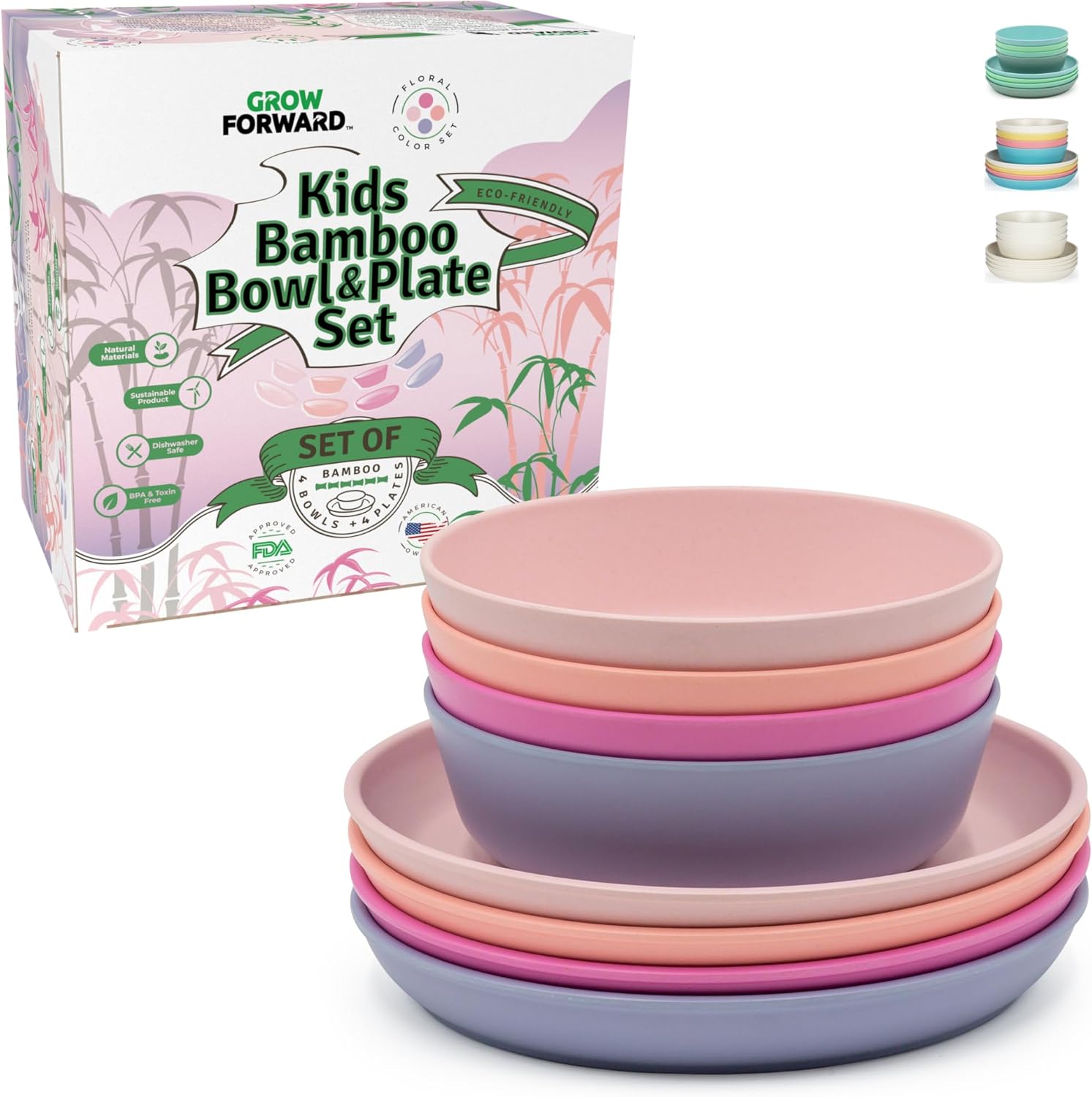 Grow Forward Bamboo Kids Plates and Bowls Sets - 8-Piece Dishwasher Safe Non Toxic Plates for Kids - Reusable Eco Friendly BPA Free Dishes Dinnerware Sets for Children - Floral Grow Forward Bamboo Kids Plates and Bowls Sets - 8-Piece Dishwasher Safe Non Toxic Plates for Kids - Reusable Eco Friendly BPA Free Dishes Dinnerware Sets for Children - Floral
