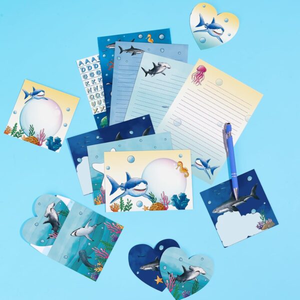 WERNNSAI 69 PCS Stationery Letter and Envelopes, Shark Kids Stationery Set, Letter Writing Paper and Envelope Set Christmas Birthday Gifts for Boys with Greeting Cards Stickers Ballpoint Pen