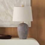 Nourison Home 23" Greyish Brown Earth Tone Rustic Farmhouse Ceramic Table Lamp for Bedroom, Living Room, Dining, Office, with Beige Linen Shade