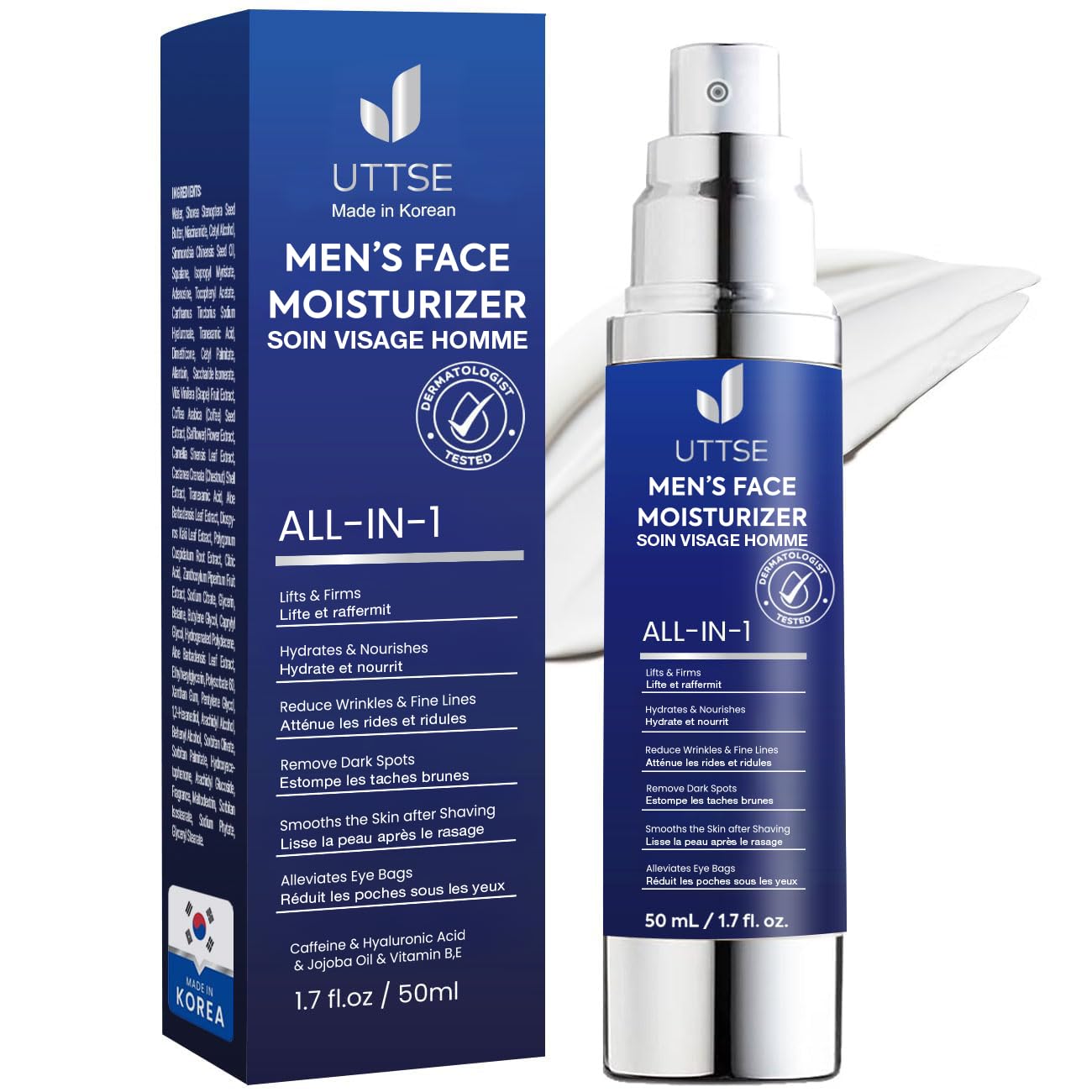 Uttse 6-in-1 Mens Face Moisturizer: Face Cream for Men - Reduce the Look of Eye Bags, Dark Circles, and Puffiness - Skin Care for Men - 1.7 fl oz - Made in Korea Uttse 6-in-1 Mens Face Moisturizer: Face Cream for Men - Reduce the Look of Eye Bags, Dark Circles, and Puffiness - Skin Care for Men - 1.7 fl oz - Made in Korea