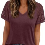 AUTOMET Womens Summer Short Sleeve T Shirt 2026 Spring Vacation V Neck Tops Lace Blouses Dressy Casual Fashion Clothes