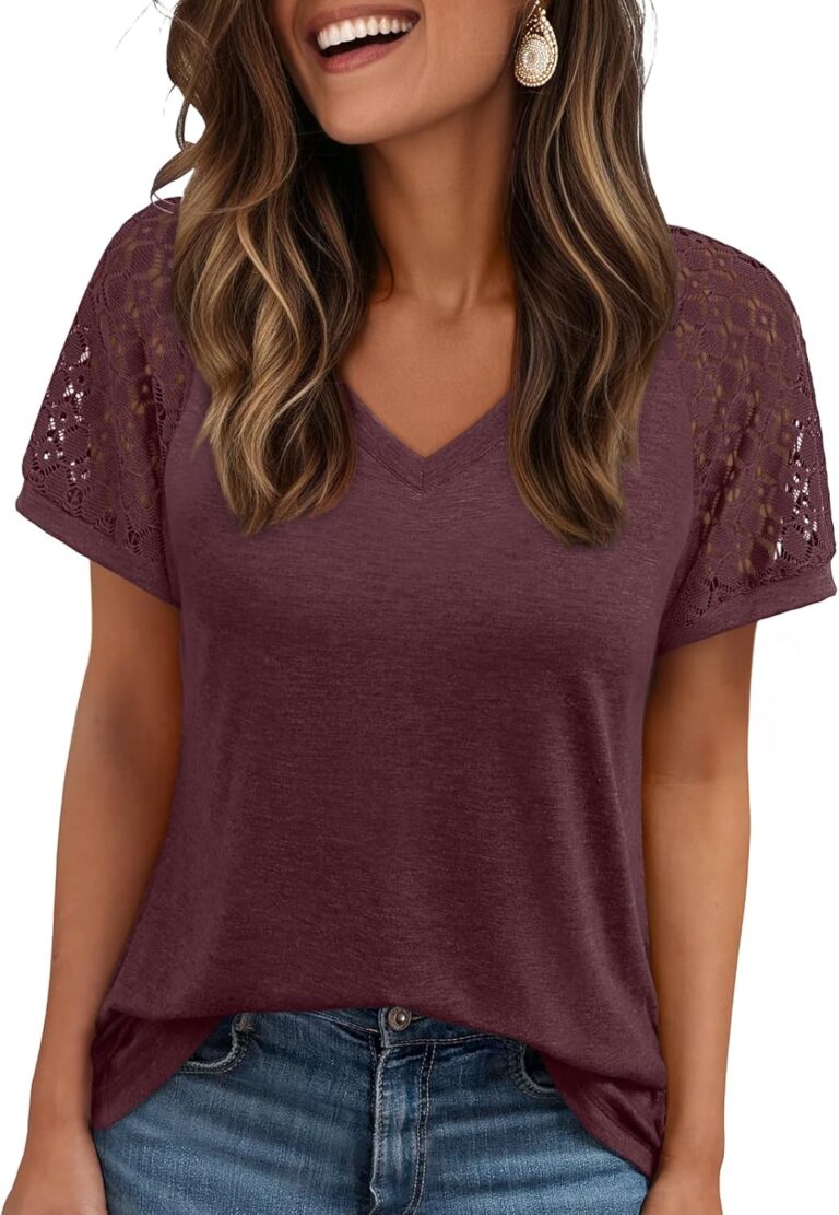 AUTOMET Womens Summer Short Sleeve T Shirt 2026 Spring Vacation V Neck Tops Lace Blouses Dressy Casual Fashion Clothes