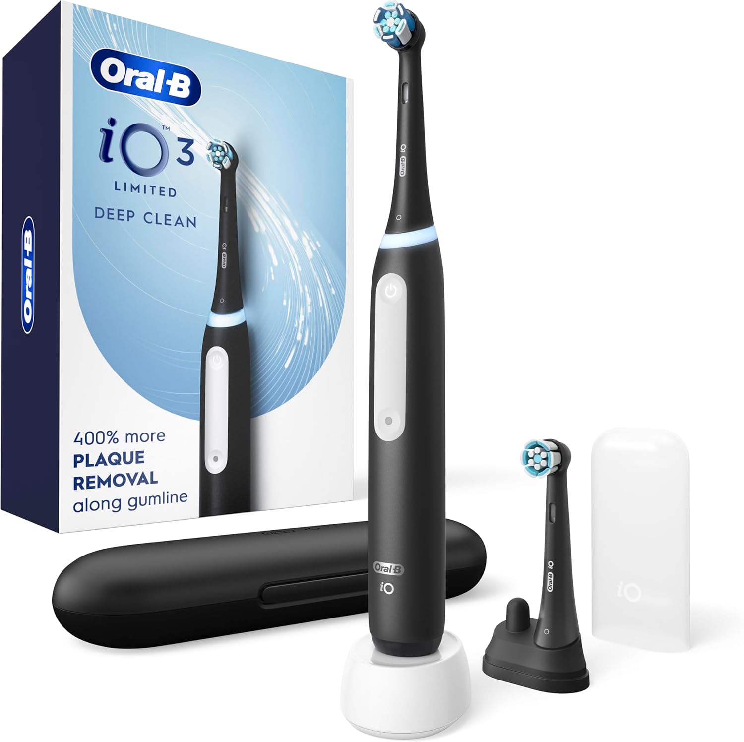 Oral-B Rechargeable Electric Toothbrush, iO3 Limited Deep Clean, 3 Cleaning Modes, Visual Pressure Sensor to Protect Gums, 2 Brush Heads, Travel Case, Black Oral-B Rechargeable Electric Toothbrush, iO3 Limited Deep Clean, 3 Cleaning Modes, Visual Pressure Sensor to Protect Gums, 2 Brush Heads, Travel Case, Black