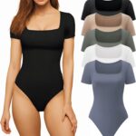 CE' CERDR Womens 5 Pack Short Sleeve Bodysuits Square Neck T-shirt Basic Casual Tops Body suit